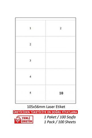 A1Etiket Tw-2510 Ebat 105 x 56 mm 5 Paket Lazer Etiket  A4 Sayfada 10 Etiket